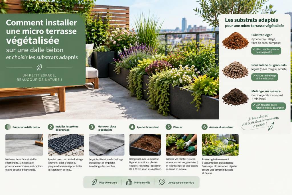 Comment installer une micro-terrasse végétalisée sur une dalle béton et choisir les substrats adaptés