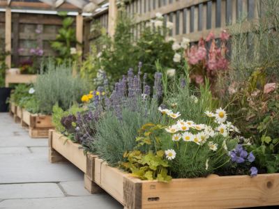 Transformer une petite allée en espace comestible avec bordures en palettes et plantes mellifères