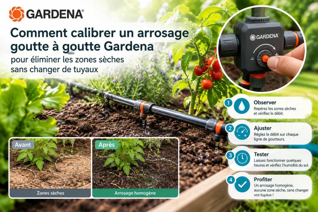 Comment calibrer un arrosage goutte-à-goutte gardena pour éliminer les zones sèches sans changer de tuyaux